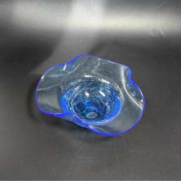 Handcrafted Blue Crackle Art Glass Bowl With Flared Rim Decoration - Picture 3 of 11